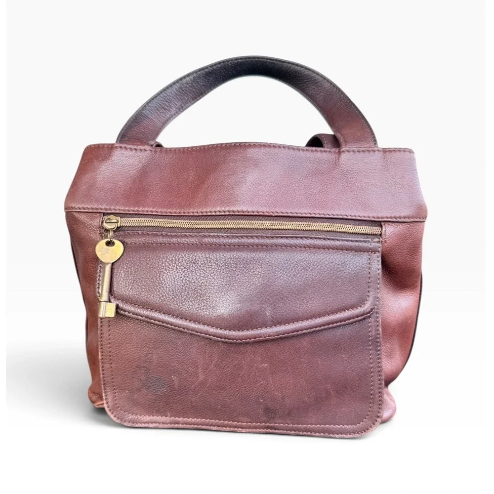 Vintage Y2K Fossil 1954 Brown Leather Crossbody Satchel Key Charm Purse Granny
